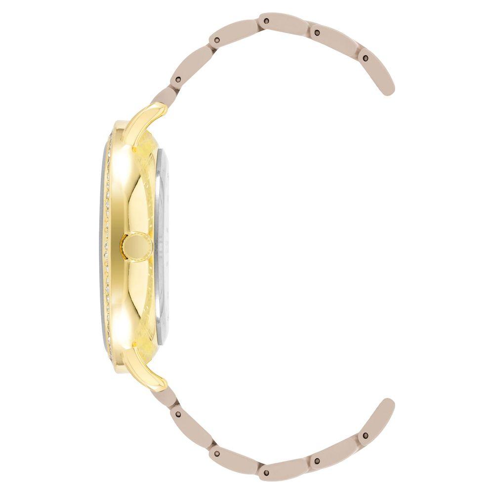 Side view of Juicy Couture Gold Women's Watch with beige metal wristband and rhinestone accents, showcasing elegant fashion design.