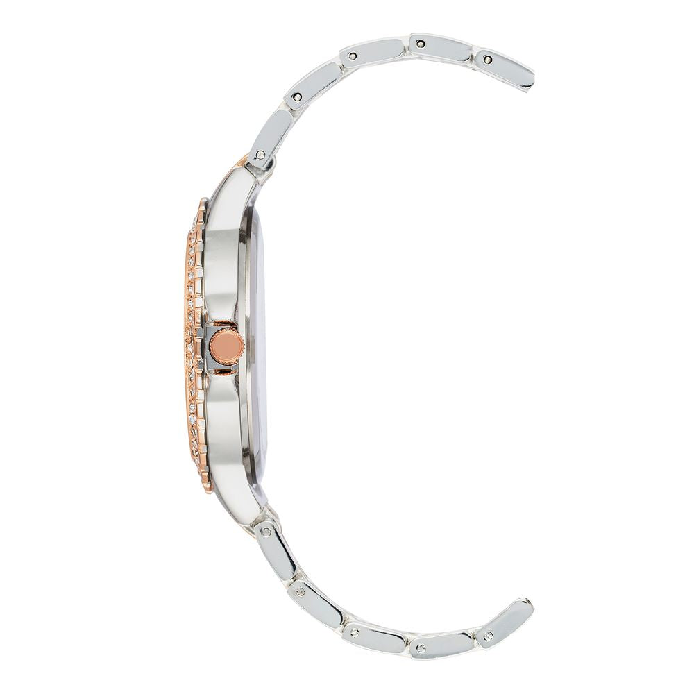 Side view of Juicy Couture Silver Women's Watch with quartz movement, analog display, rhinestone detail, and metal strap.