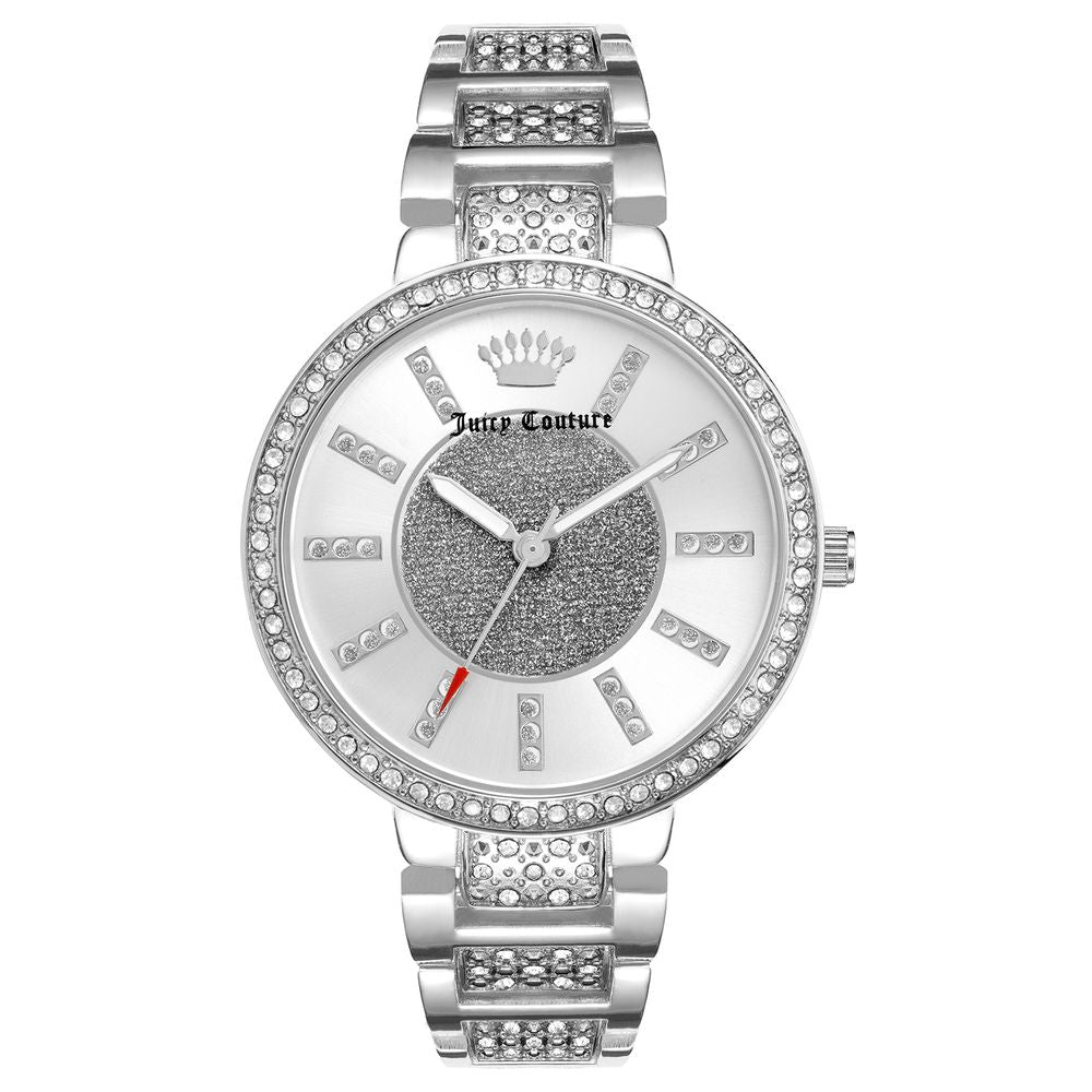 Juicy Couture silver women's analog quartz watch with rhinestones, metal strap, and jewelry clasp. Fashionable accessory.