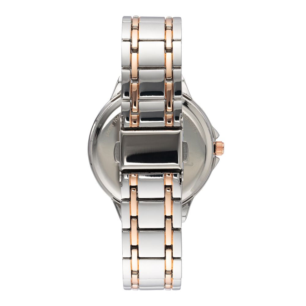 Back view of Juicy Couture silver women's analog watch with metal wristband and rose gold accents.