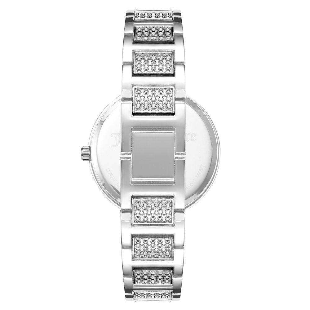 Back view of Juicy Couture Silver Women's Watch with rhinestone accents and metal wristband, showcasing fashion style and jewelry clasp.