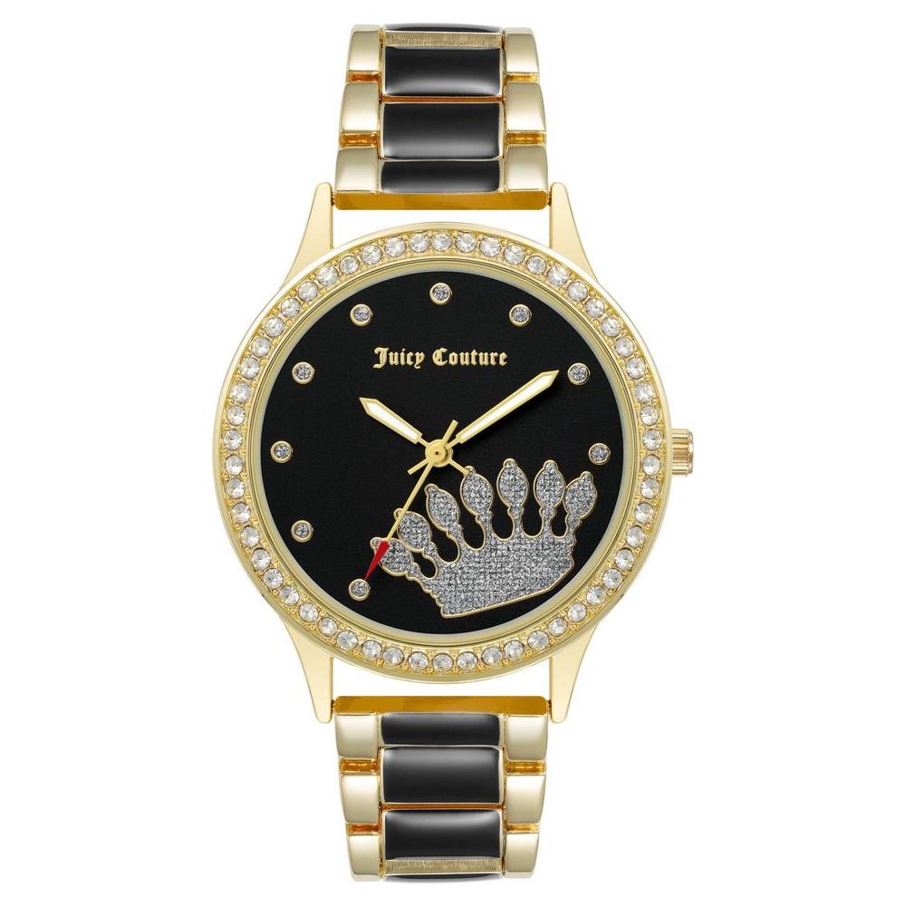 Juicy Couture gold women's watch with analog display, rhinestone face, and multicolor metal wristband, perfect fashion accessory.