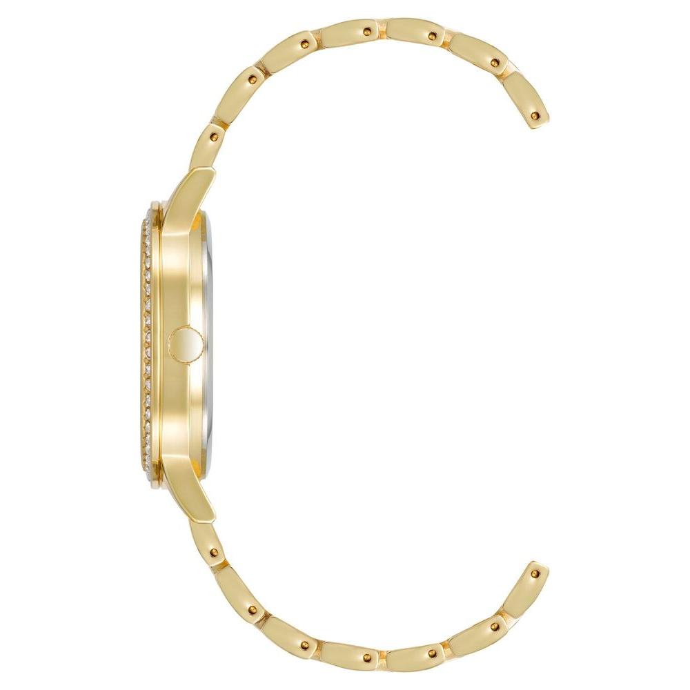 Side view of Juicy Couture gold women's analog watch with metal strap and rhinestone detailing.