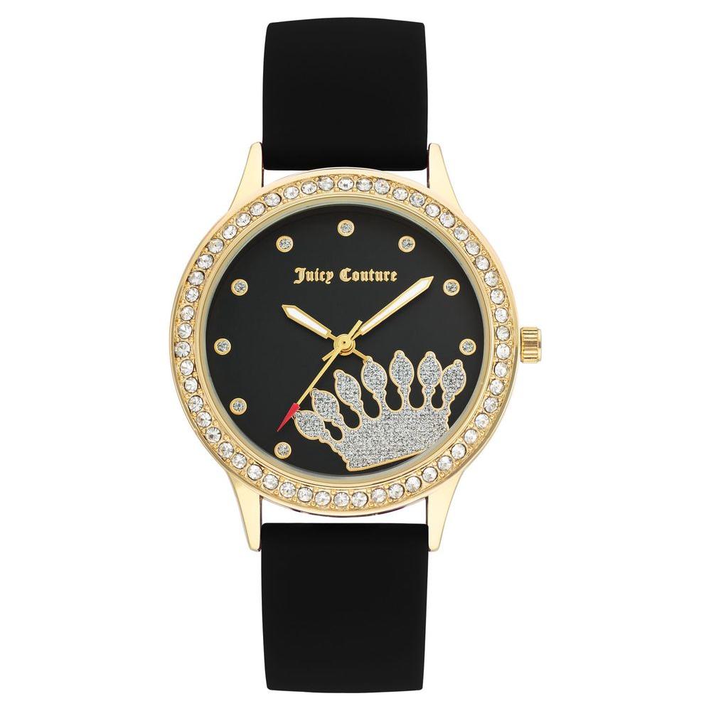 Juicy Couture gold women's quartz analog watch with rhinestone face, gold metal case, and black silicone strap, fashion style.