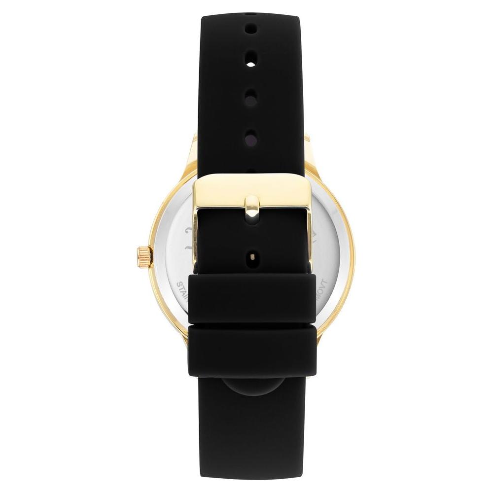 Back view of Juicy Couture Gold Women's Watch with black silicon strap and gold pin buckle, showcasing fashion-forward design.
