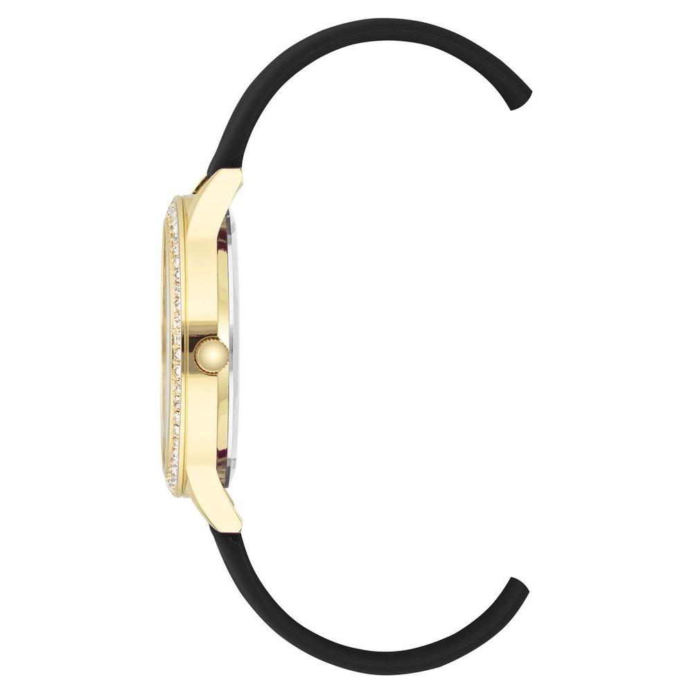 Side view of Juicy Couture Gold Women's Watch with black silicone strap, gold metal case, quartz movement, and rhinestone detailing.