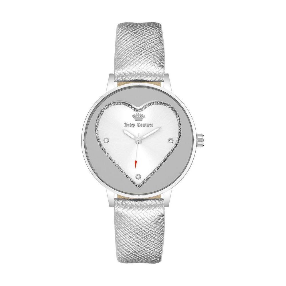 Juicy Couture silver women's watch with heart-shaped rhinestone face, quartz movement, and silver leatherette strap.