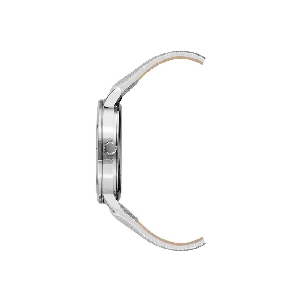 Side view of Juicy Couture silver women’s watch with quartz movement, leatherette strap, and rhinestone accents.