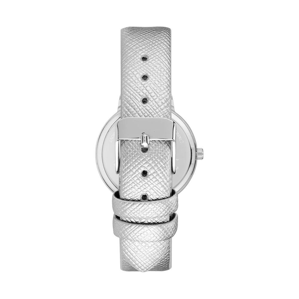Back view of Juicy Couture silver women's watch with textured leatherette strap and pin buckle closure.