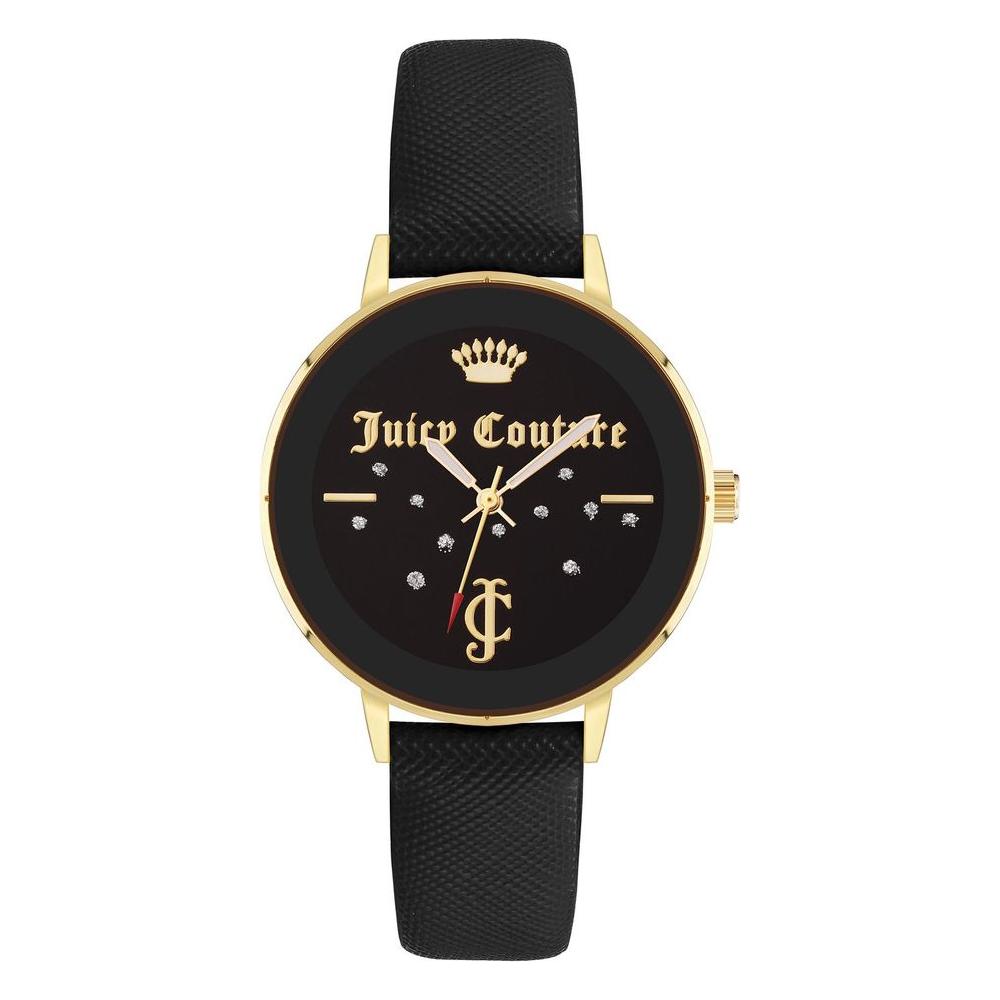 Juicy Couture gold women's watch with black leatherette strap, 38mm rhine stone facing, quartz battery, analog display, fashion style.