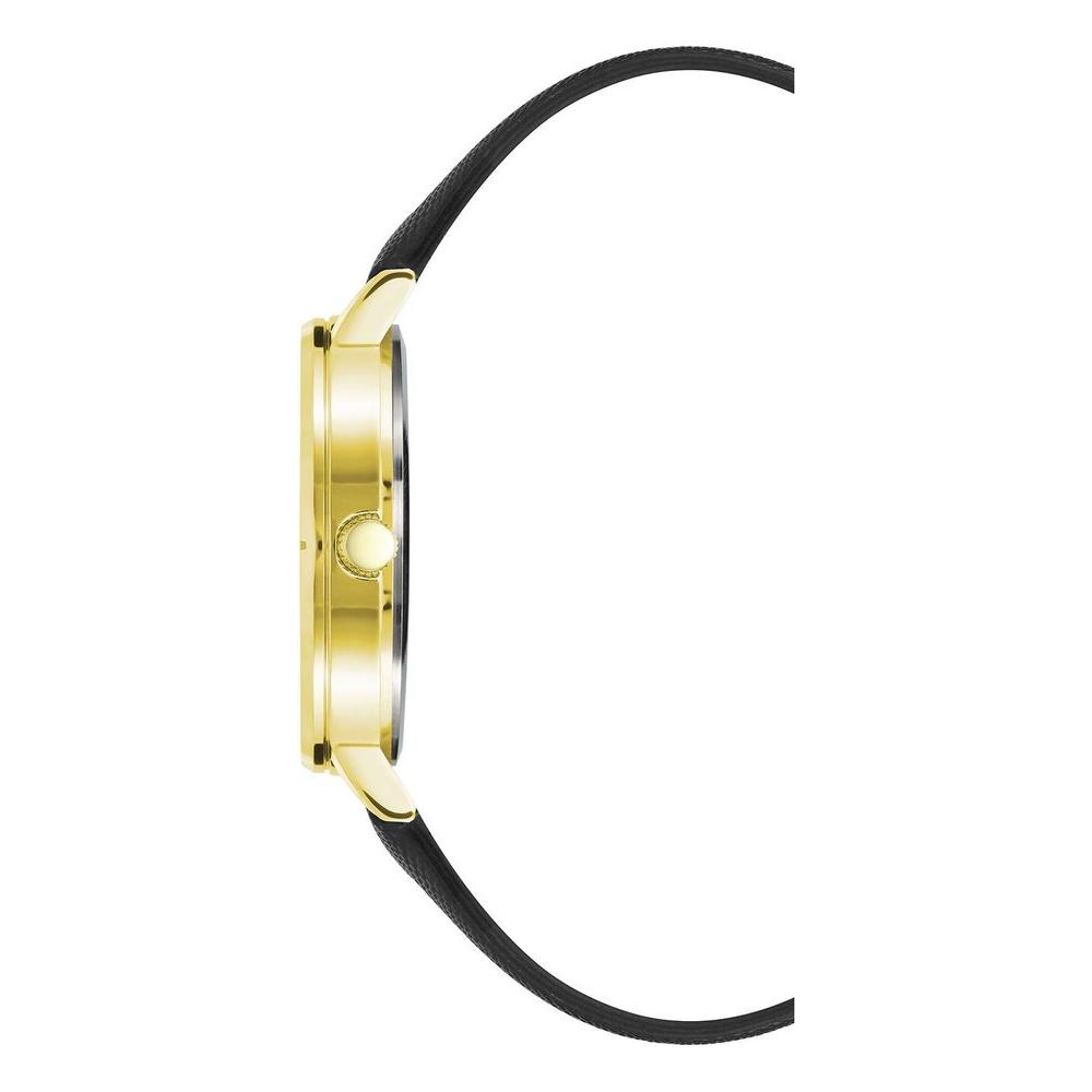 Side view of Juicy Couture gold women's watch with black leatherette strap and quartz movement.