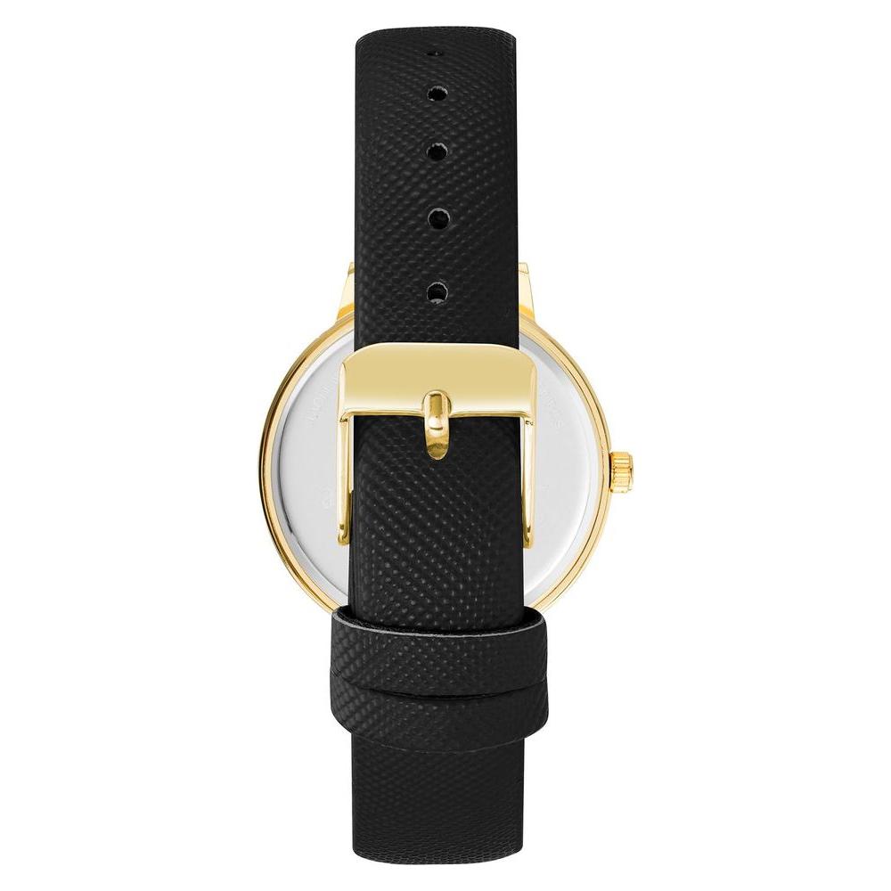 Back view of Juicy Couture Gold Women Watch with black leatherette strap and gold pin buckle.