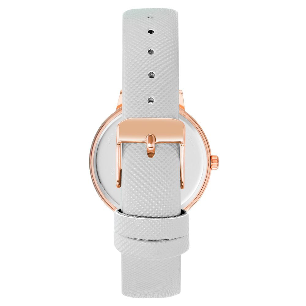 Back view of Juicy Couture Gold Women Watch featuring white leatherette strap and pin buckle closure