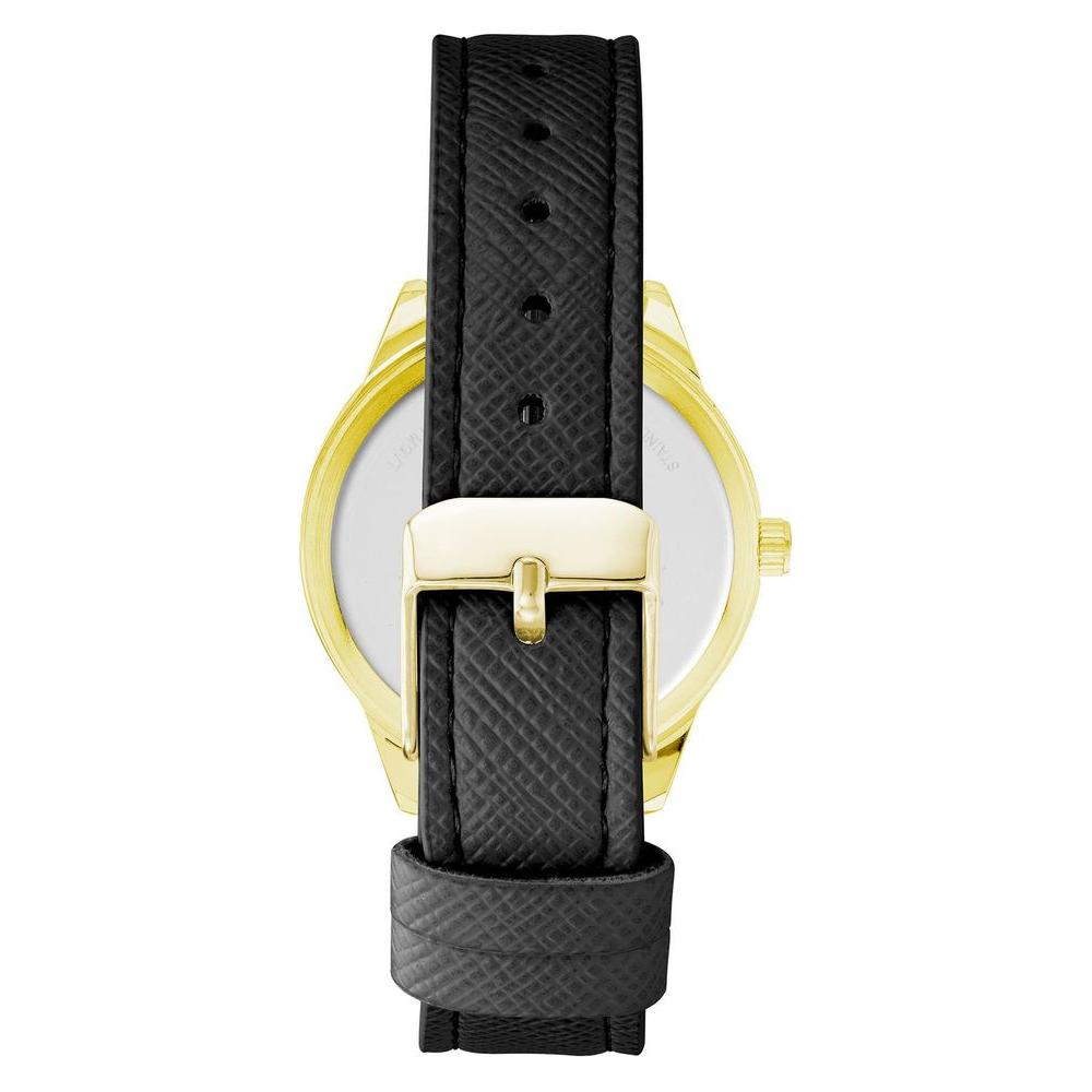Back view of Juicy Couture Gold Women's Watch with black leatherette strap and pin buckle clasp.