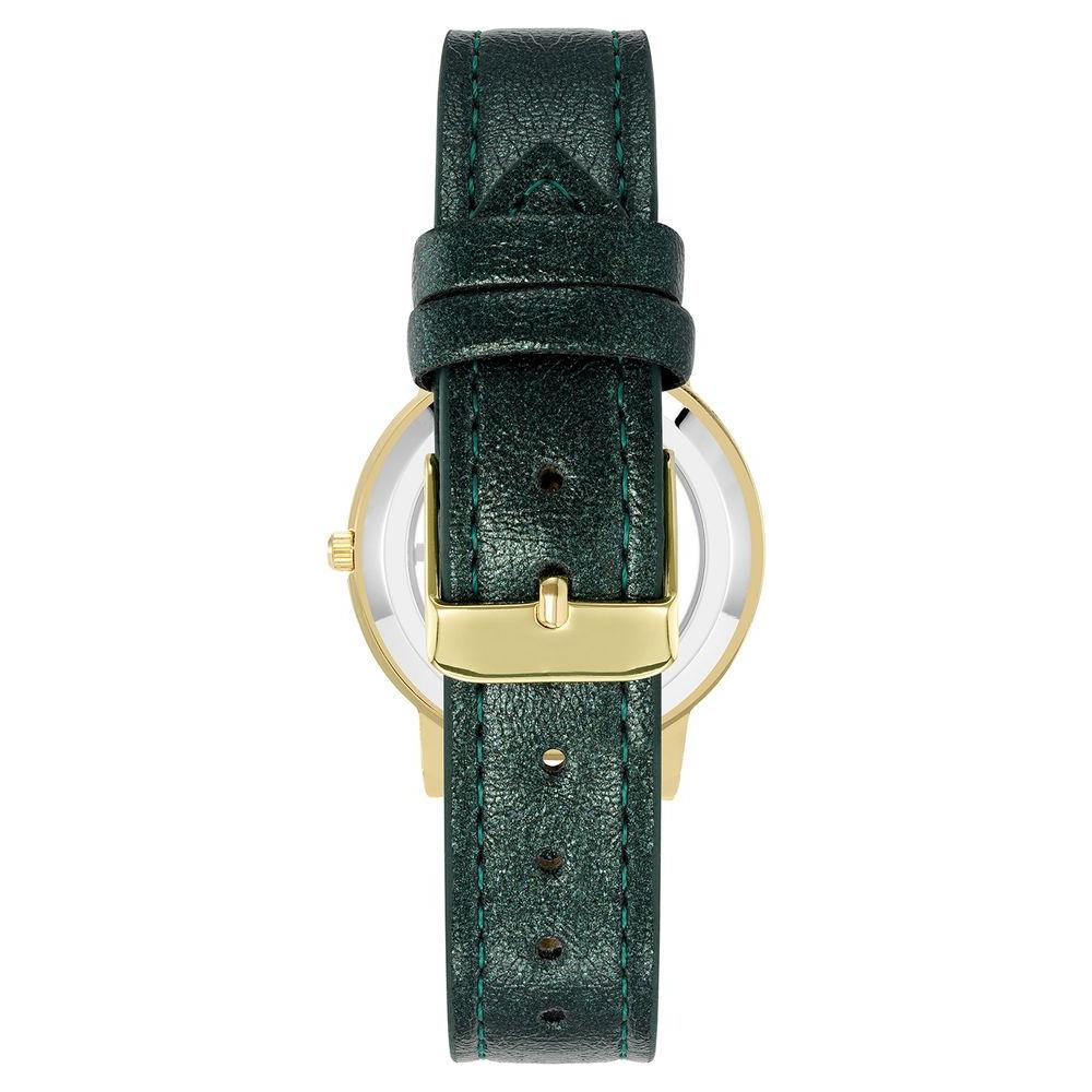 Juicy Couture gold women's watch with green leatherette strap and pin buckle closure, fashion style, analog quartz movement.