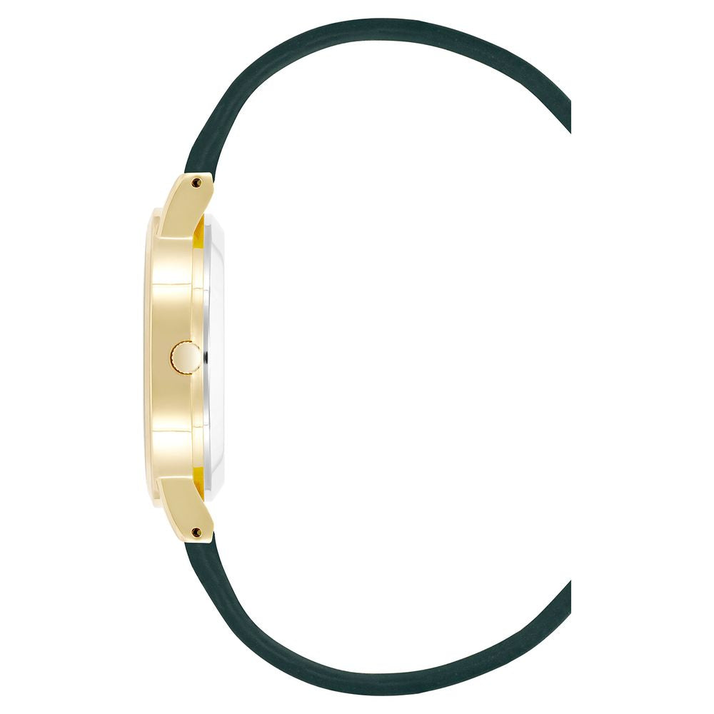 Side view of Juicy Couture Gold Women's Watch with green leatherette strap, quartz analog display, and gold metal case.