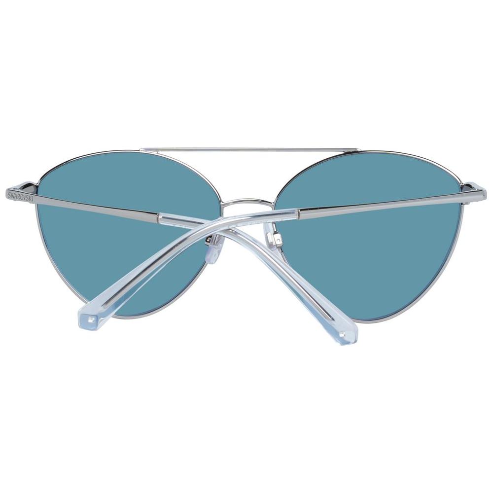 Swarovski silver aviator women sunglasses with metal frame, mirrored multicolor lenses, and full-rim style, includes branded case.