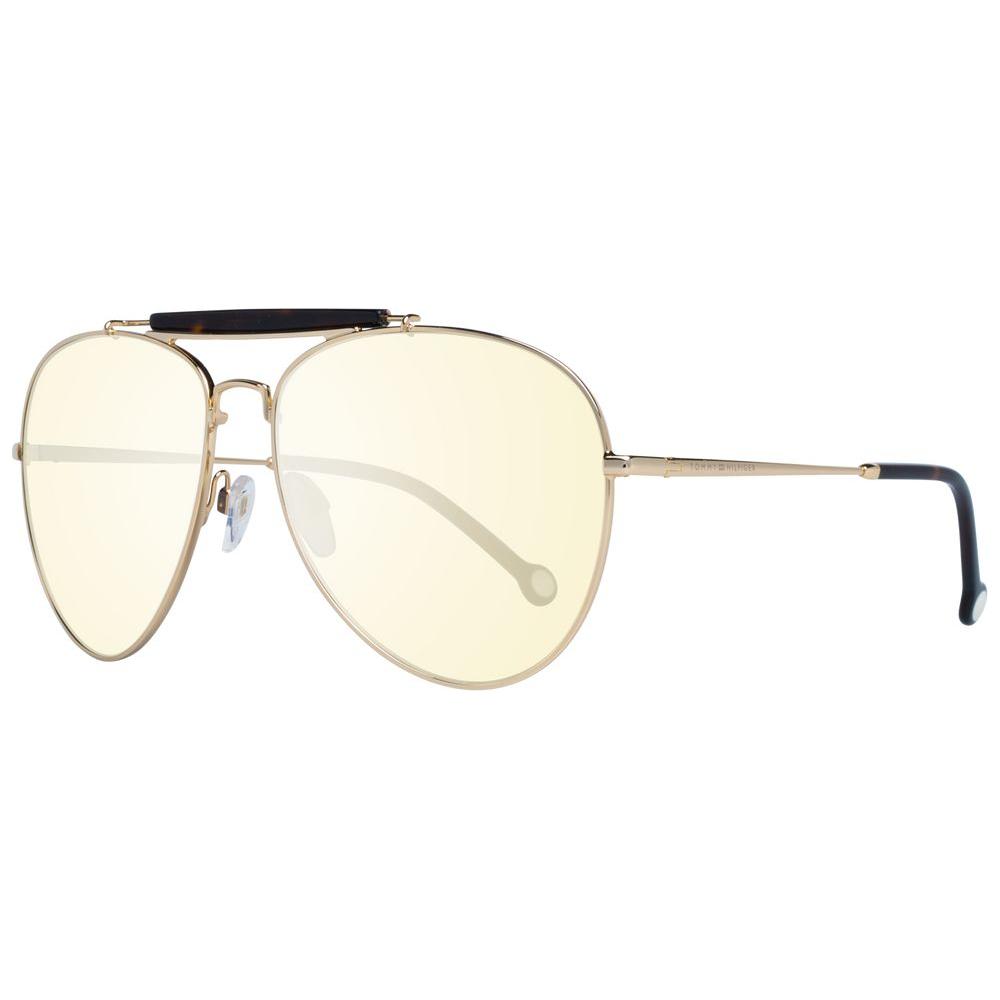 Tommy Hilfiger gold women's aviator sunglasses with grey mirrored gradient lenses, metal full-rim frame, and UV protection, size 61-15-135.
