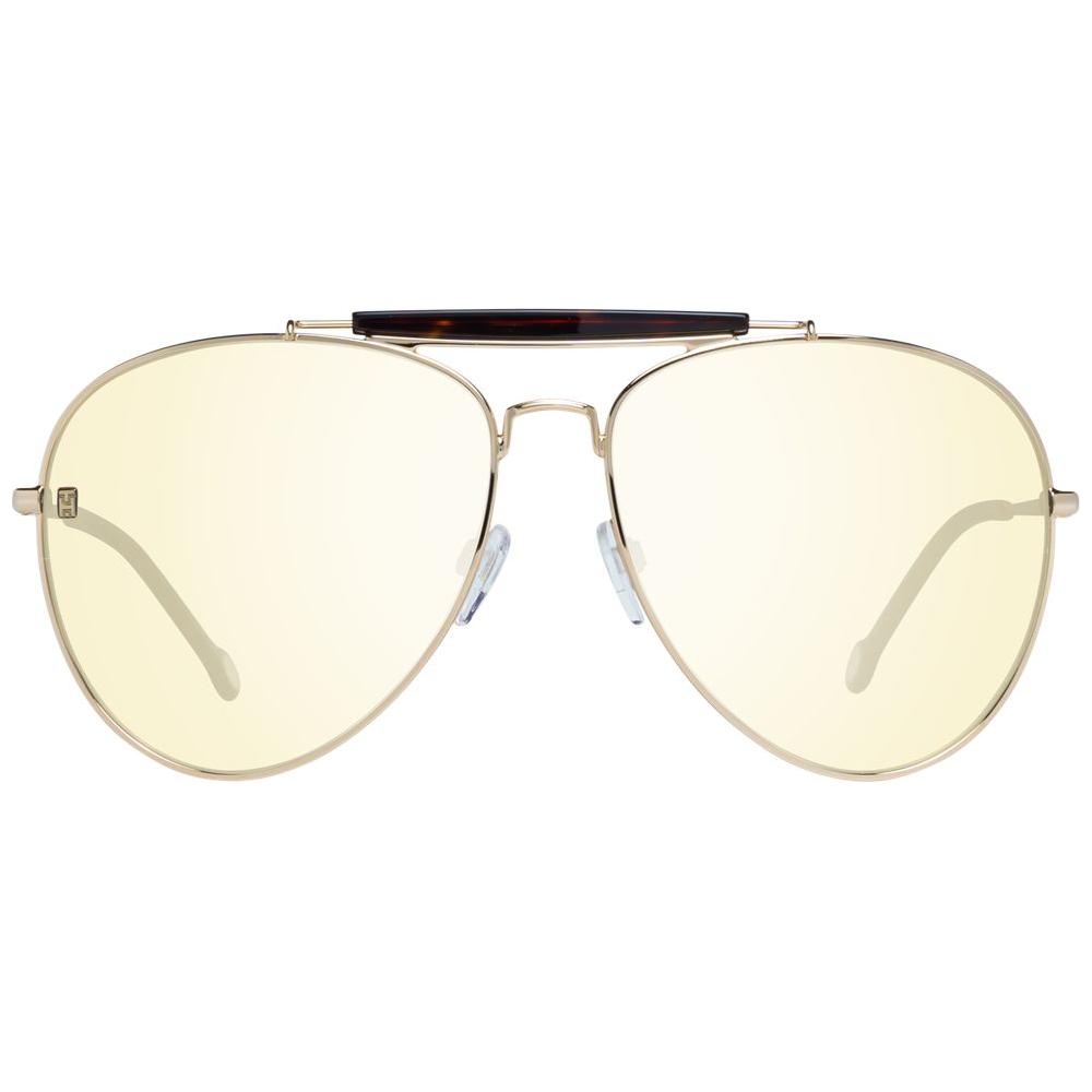 Tommy Hilfiger women’s gold aviator sunglasses with grey mirrored gradient lenses, full-rim metal frame, and branded case.