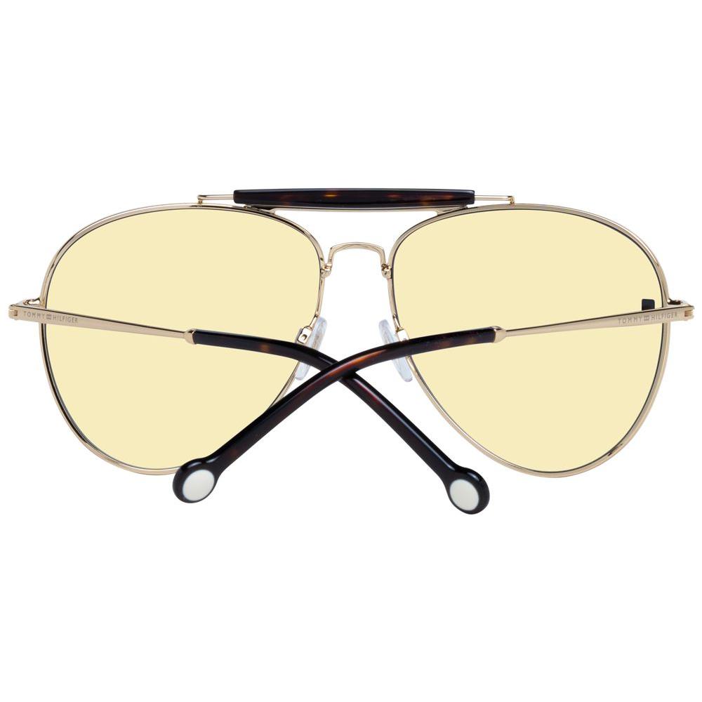 Gold aviator sunglasses for women by Tommy Hilfiger with mirrored gradient lenses, full-rim metal frame, and 100% UVA & UVB protection.