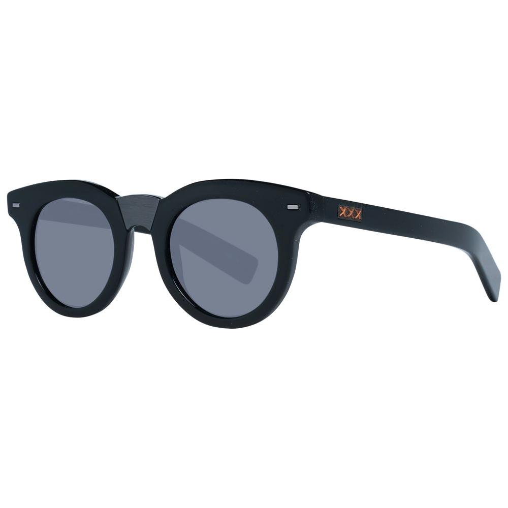 Ermenegildo Zegna black round plastic sunglasses with grey lenses, full-rim frame, 100% UV protection, and branded case included.