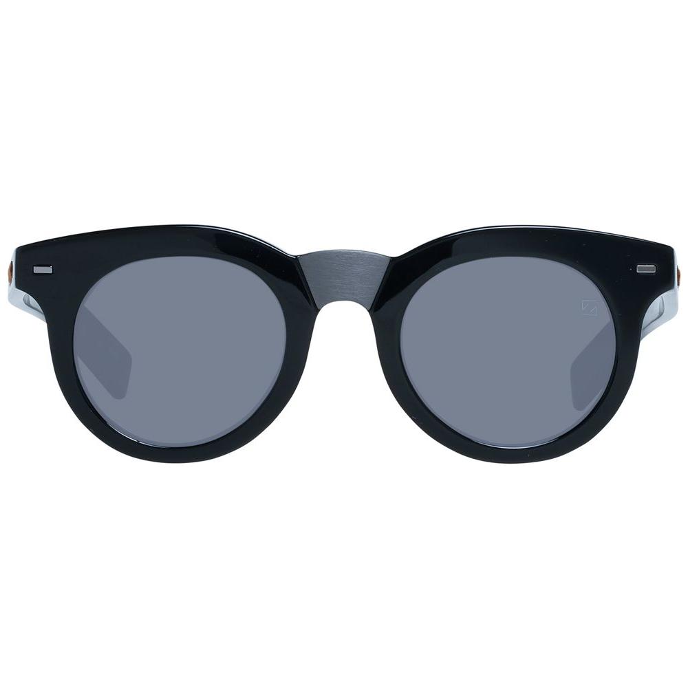 Ermenegildo Zegna black plastic round men's sunglasses with grey lenses, 100% UVA & UVB protection, full-rim style, size 47-23-145.
