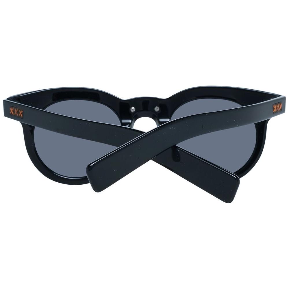 Ermenegildo Zegna black round men's sunglasses with grey lenses and full-rim black plastic frame, featuring a spring hinge and 100% UV protection.