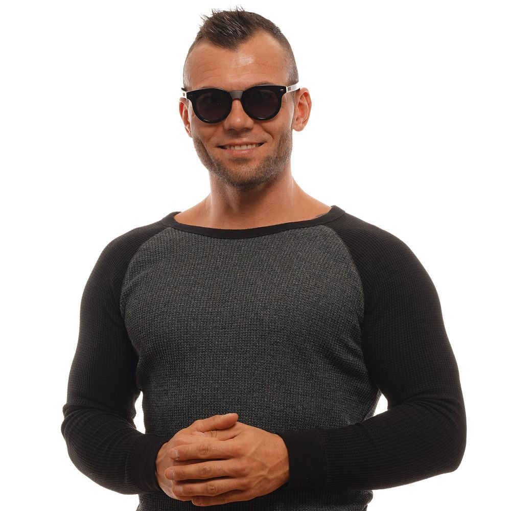 Person wearing Ermenegildo Zegna black men's round sunglasses with grey lenses, plastic full-rim frame and UVA/UVB protection.