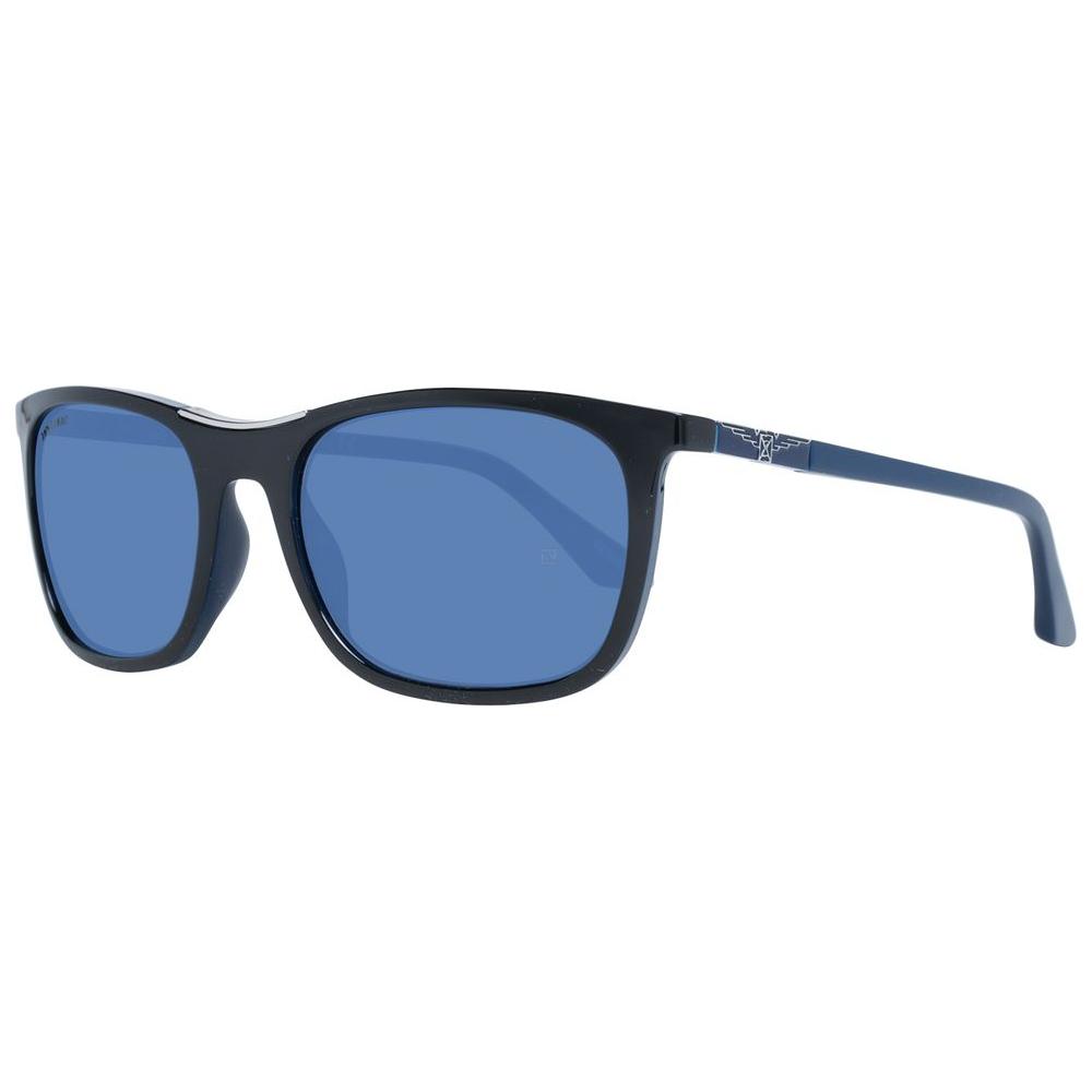 Longines black men's sunglasses with blue plastic lenses, full-rim black plastic frame, 100% UVA & UVB protection, rectangle style.
