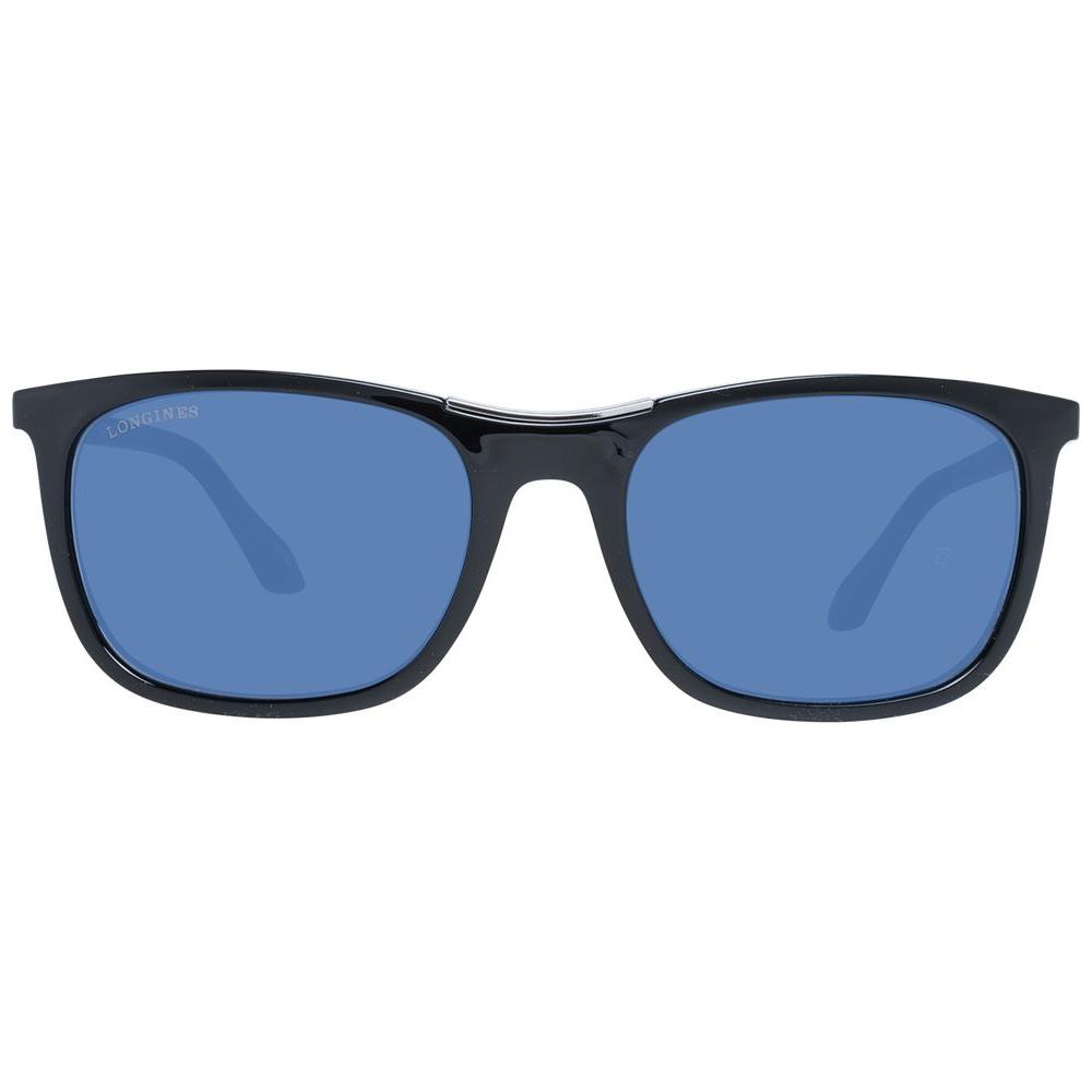 Longines men's black sunglasses with blue lenses, rectangle style, 100% UVA & UVB protection, full-rim plastic frame.