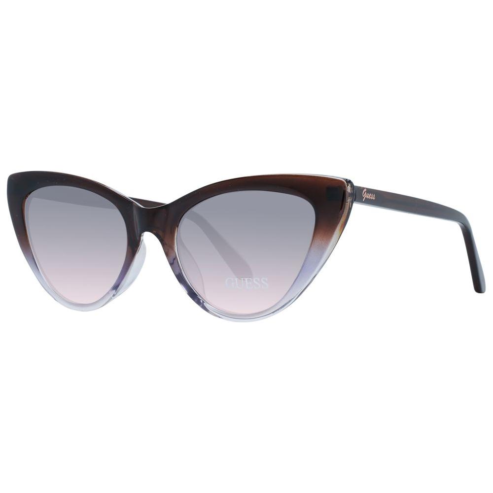 Guess brown cat eye women's sunglasses with purple gradient lenses. Full-rim plastic frame, 100% UVA & UVB protection, includes branded case.