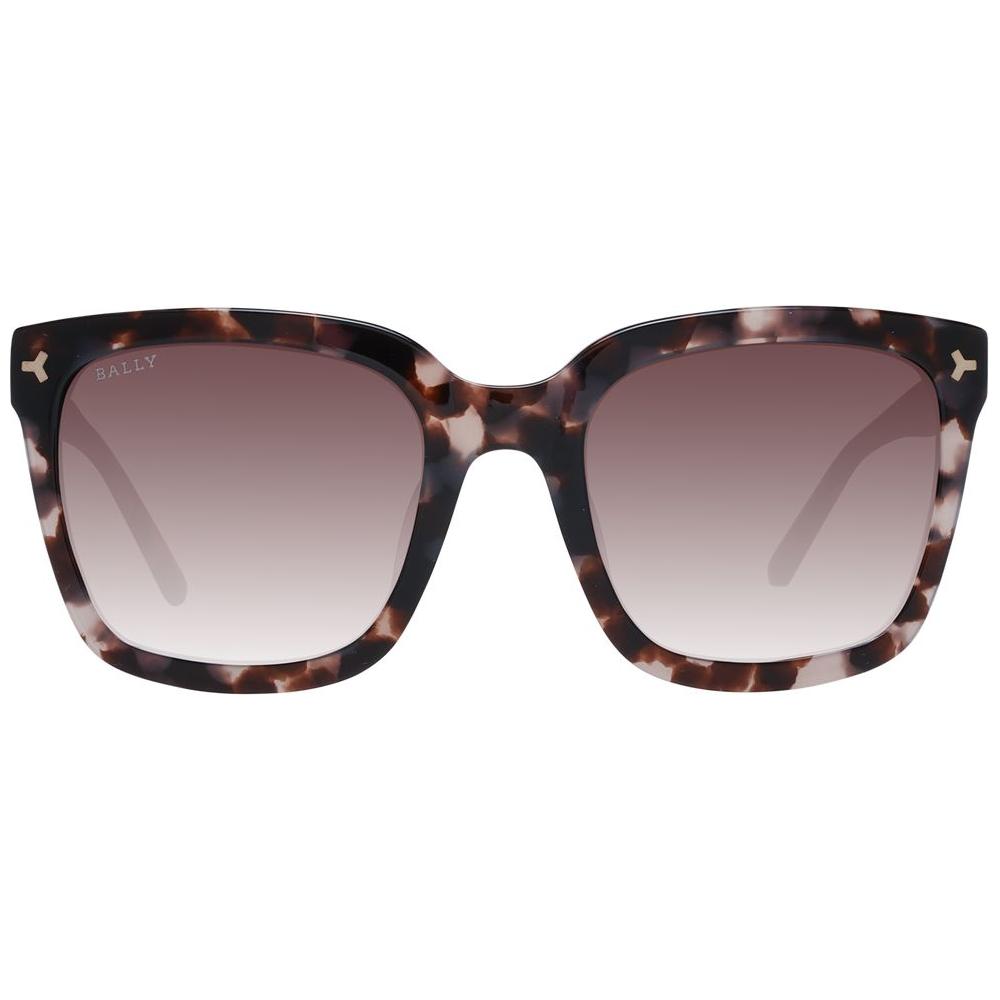 Bally brown women's square sunglasses with full-rim acetate frame, gradient lenses, and 100% UVA/UVB protection in a branded case.