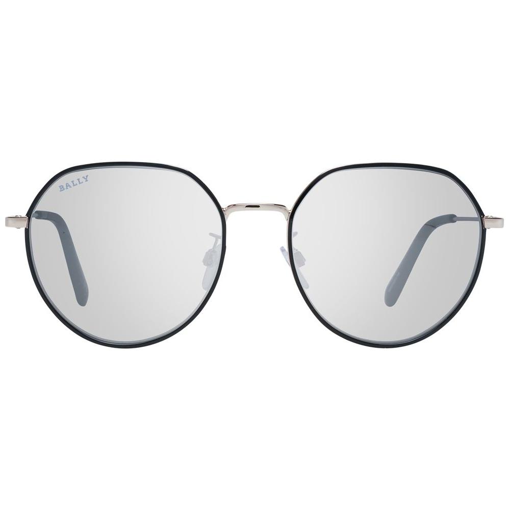 Bally black women's round sunglasses with mirrored grey lenses, metal frame, full-rim style, 100% UVA & UVB protection.