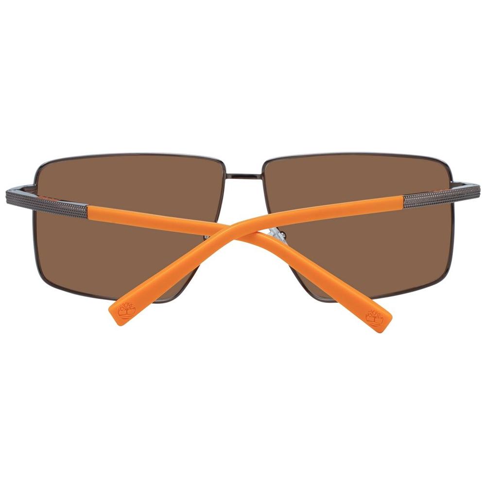 Timberland brown men's rectangular sunglasses with brown polarized mirrored lenses, metal full-rim frame, and orange temples.