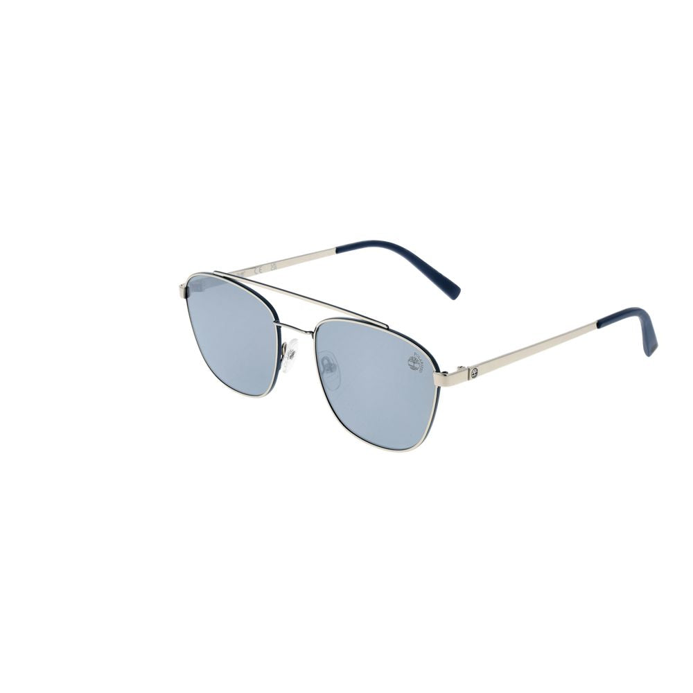 Silver Timberland men's aviator sunglasses with grey polarized mirrored lenses, full-rim metal frame, and UVA/UVB protection.