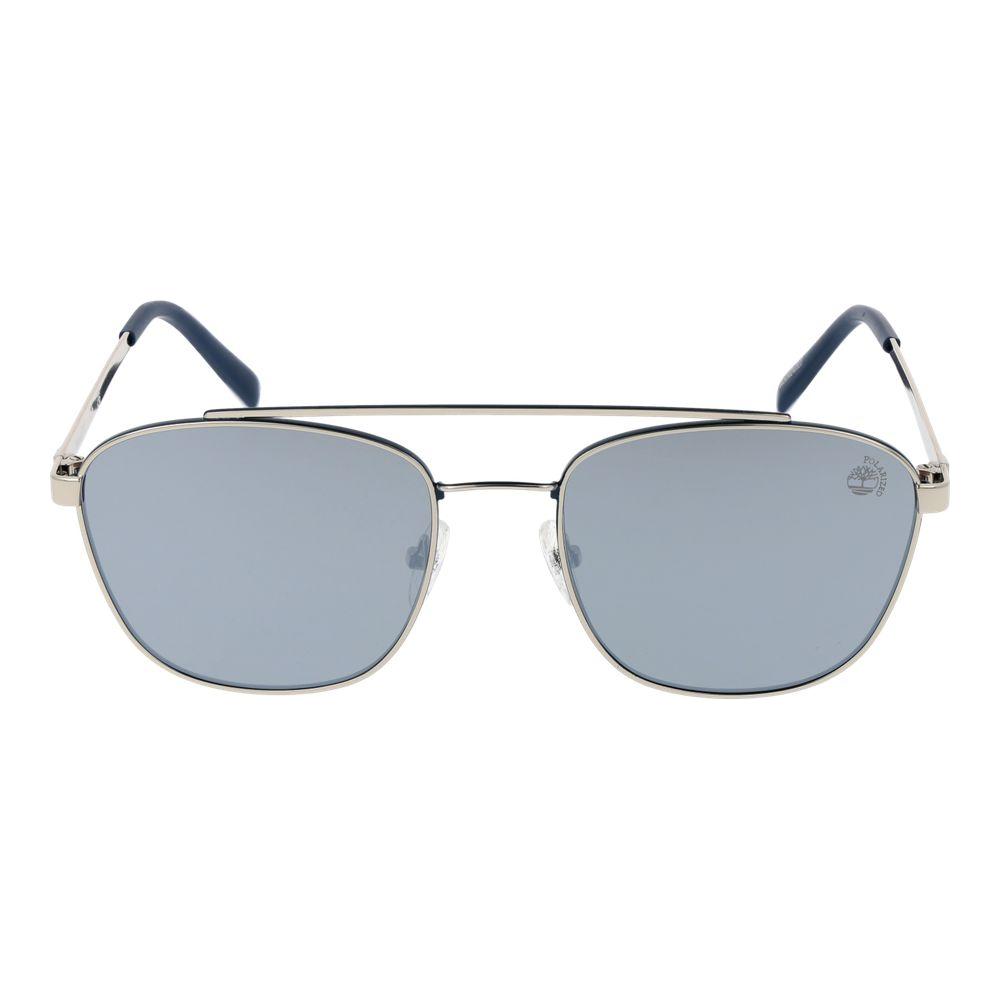 Timberland silver men's aviator sunglasses with metal frame and grey polarized mirrored lenses for 100% UV protection.