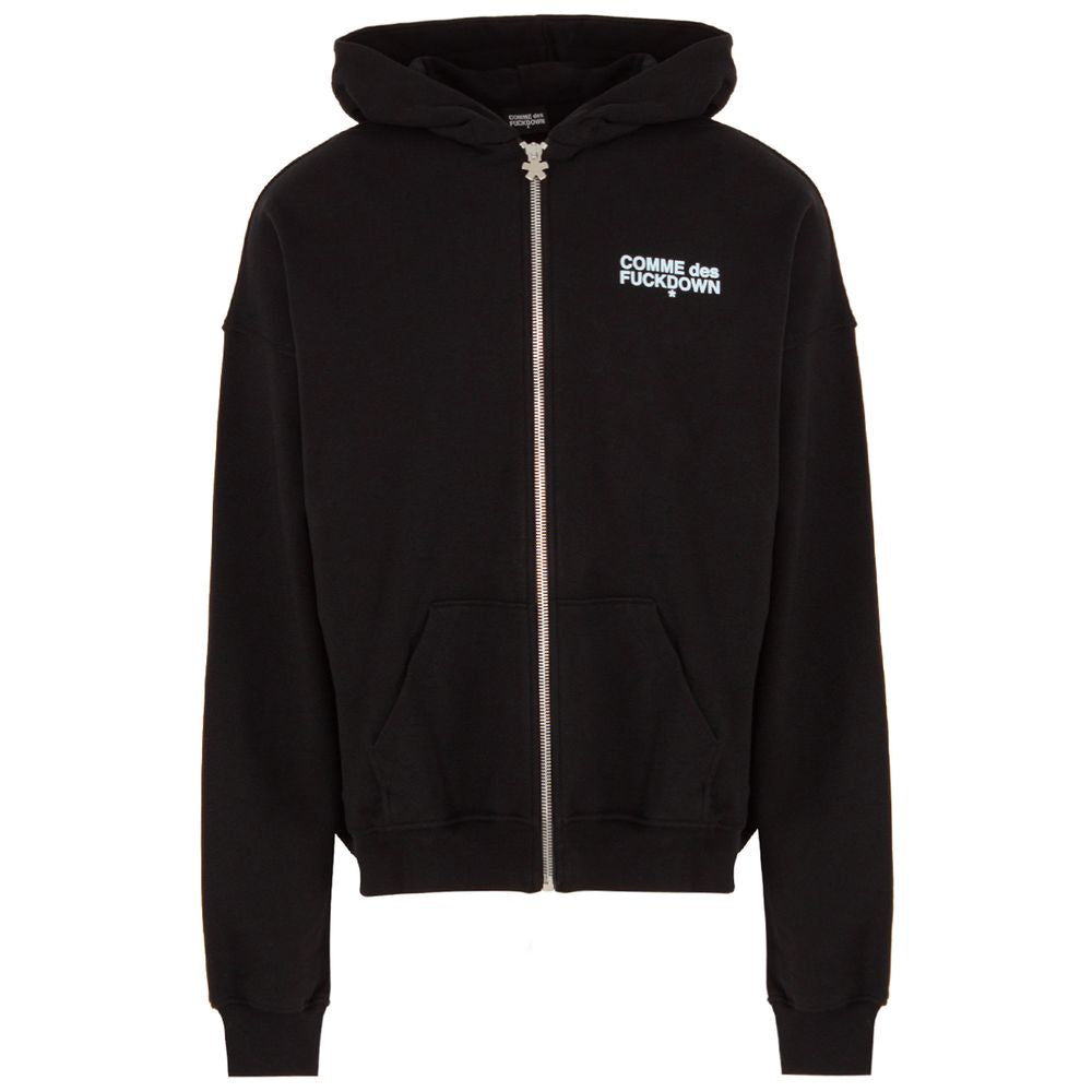 Comme Des Fuckdown black cotton sweater with hood, zipper, and logo on chest