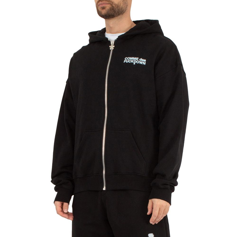 Comme Des Fuckdown black cotton sweatshirt with zip closure and hood, featuring logo print on chest and two front pockets.