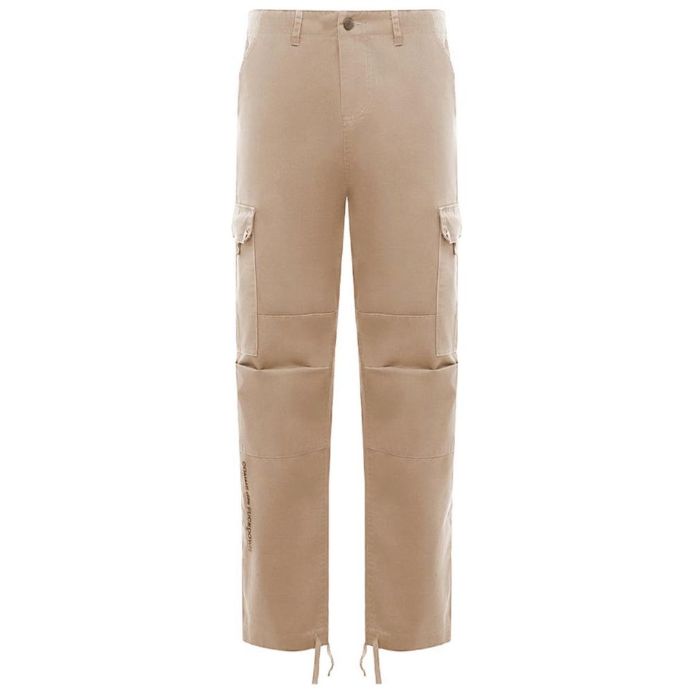 Comme Des Fuckdown beige cotton cargo pants with large front pockets, side pockets, back pockets, button zip fastening, ankle drawstrings.