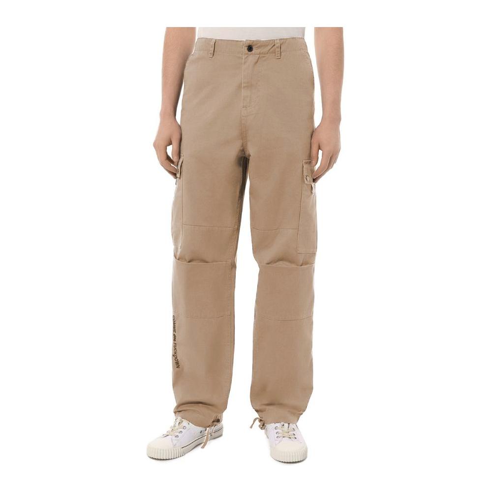 Comme des Fuckdown beige cotton cargo trousers with front and side pockets, button zip fastening, and drawstring ankles.
