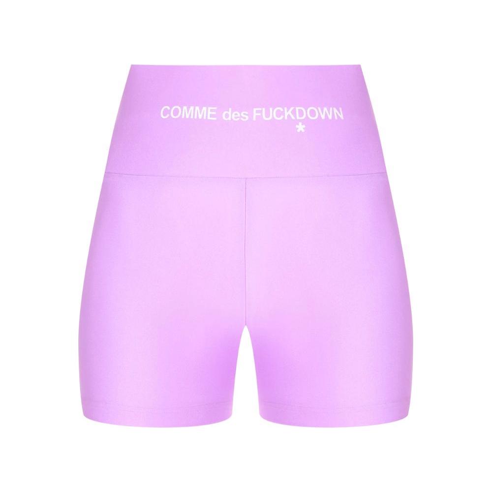 Comme Des Fuckdown purple polyester biker shorts with front logo print, stretch lycra design.