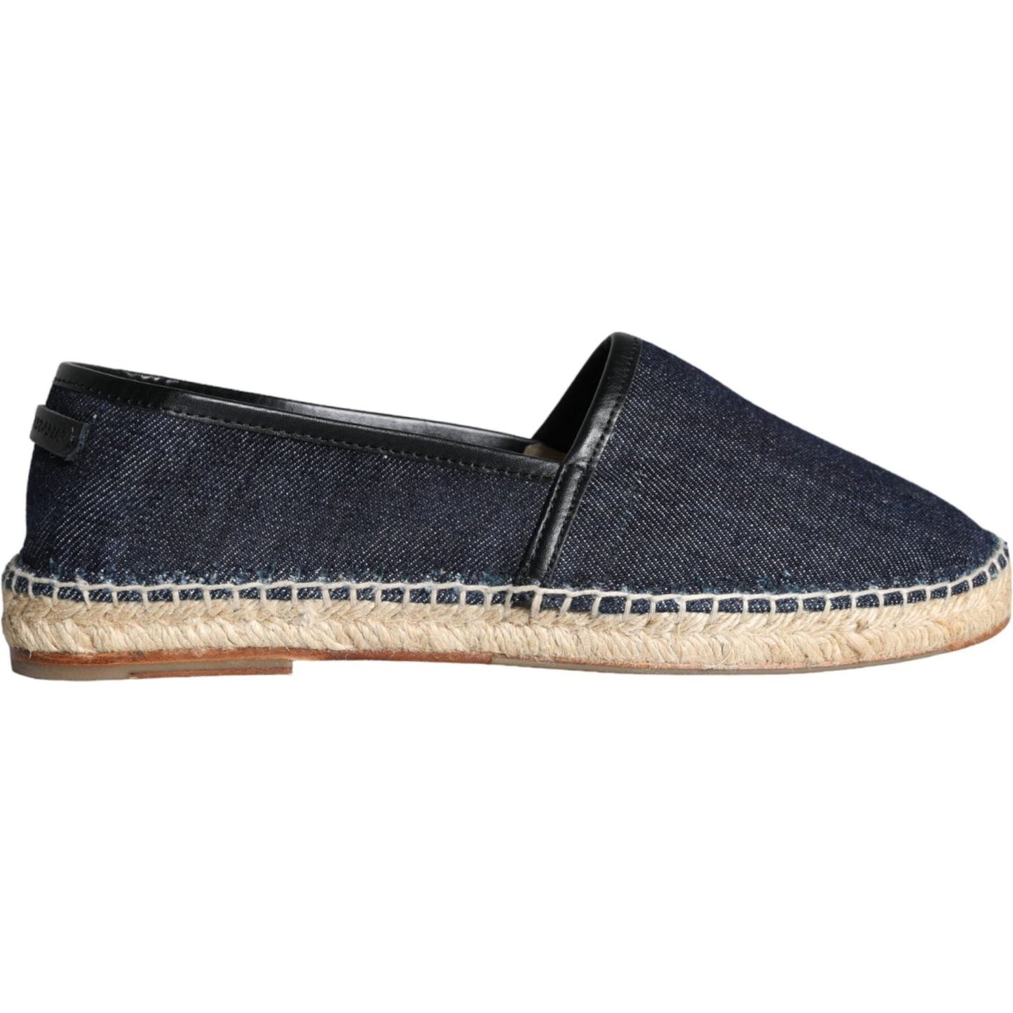 Dolce & Gabbana blue denim cotton leather espadrilles shoes with rubber sole, stylish Italian footwear, side view.
