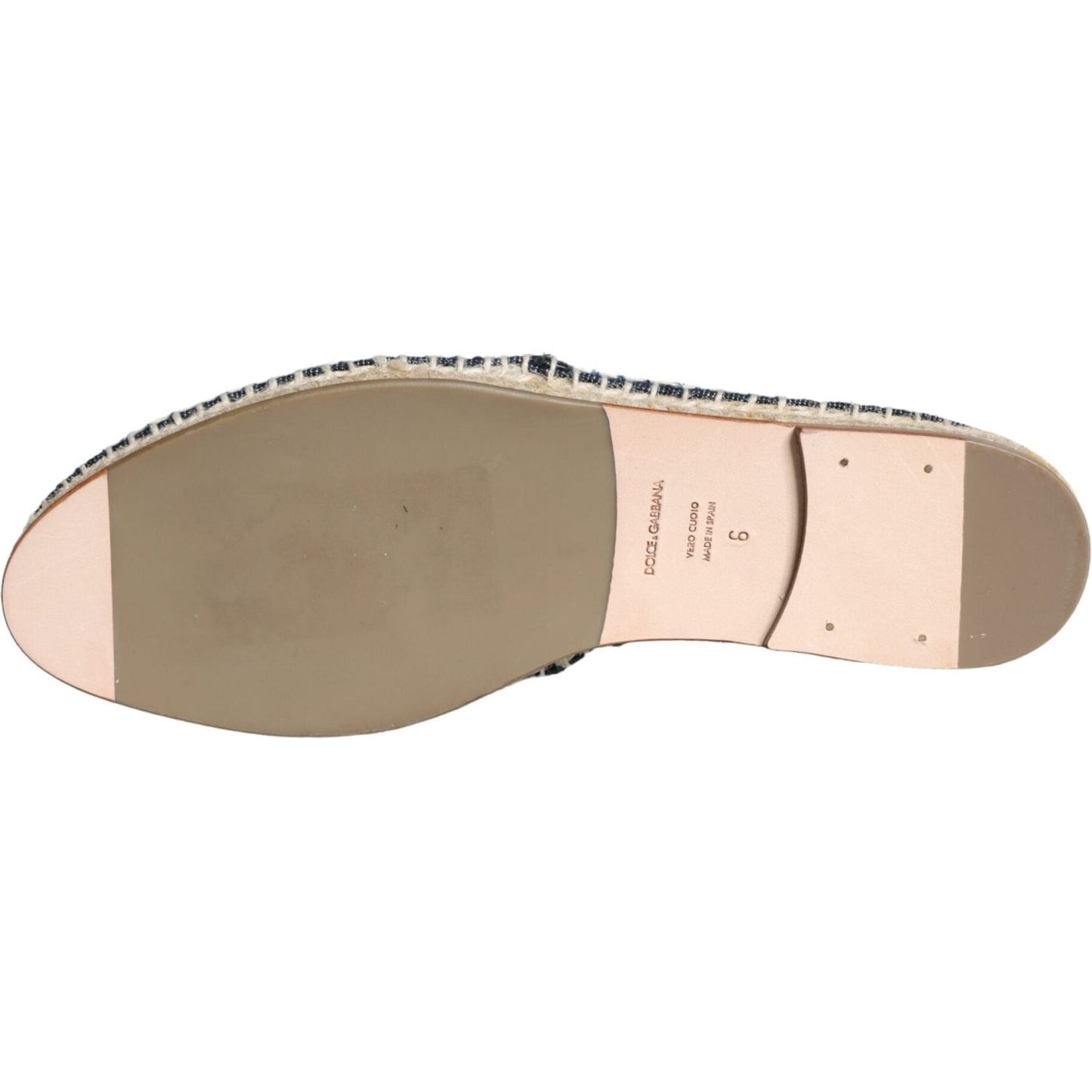 Sole view of Dolce & Gabbana Blue Denim Cotton Leather Espadrilles with rubber sole and logo details.