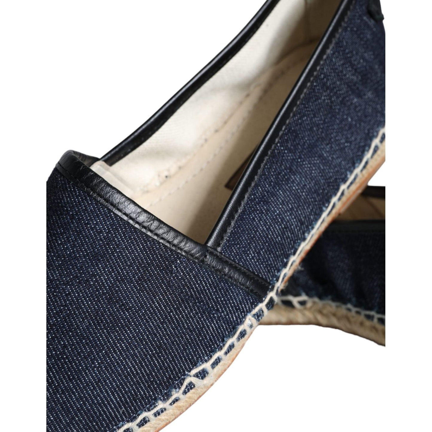 Dolce & Gabbana blue denim espadrilles with leather trim and rubber sole, showcasing detailed craftsmanship.