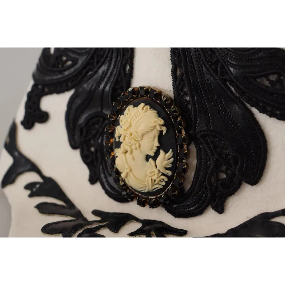 Dolce & Gabbana White Black Wool Embroidered Cameo Brooch Hat Dolce & Gabbana Black