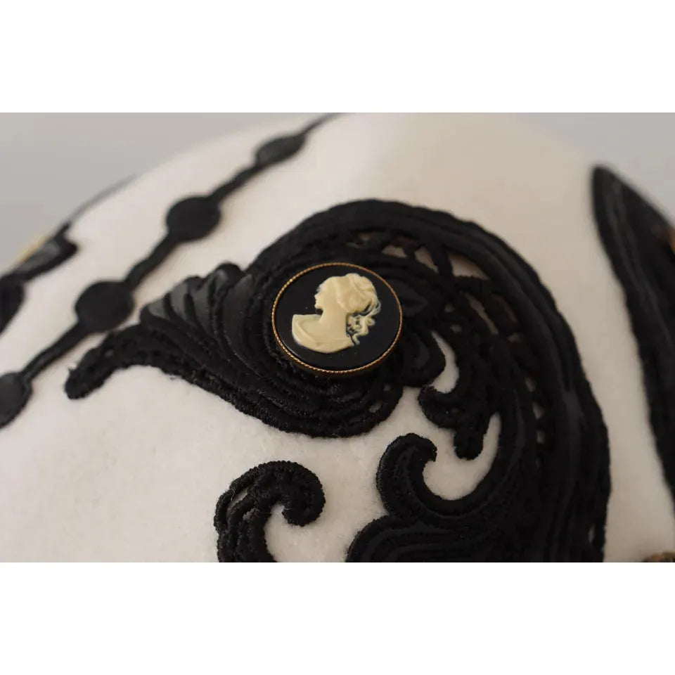 Dolce & Gabbana White Black Wool Embroidered Cameo Brooch Hat Dolce & Gabbana Black