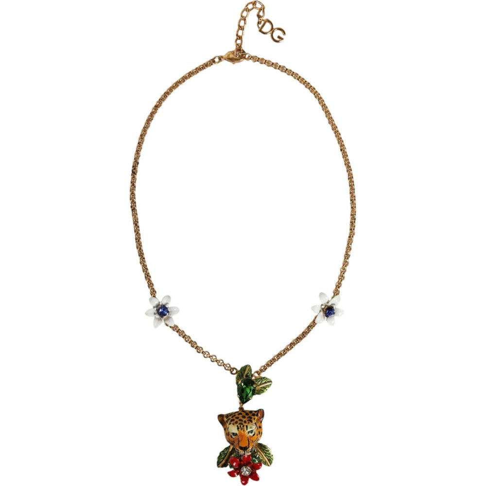 Dolce & Gabbana Gold Brass Leopard Flower Embellished Statement Necklace SMY10349