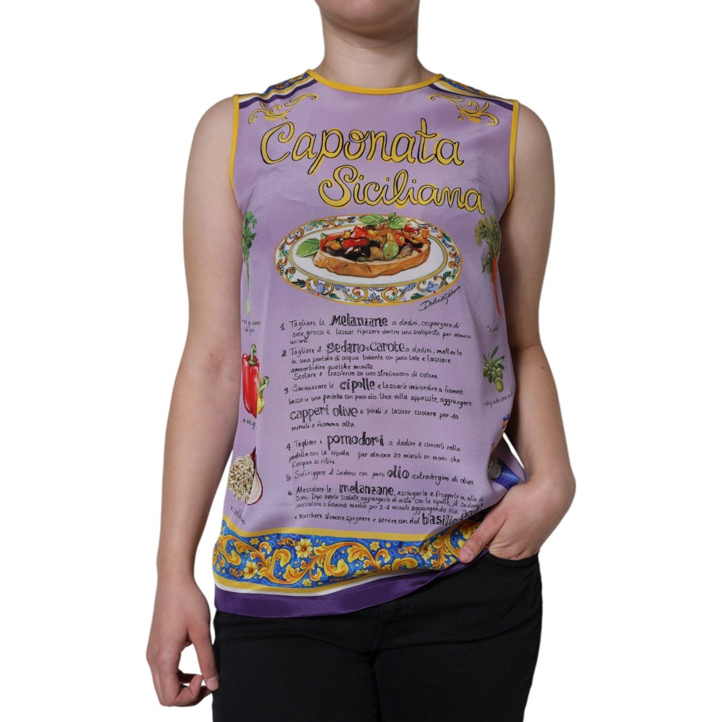 Dolce & Gabbana Purple Silk Caponata Siciliana Print Tank Top, 100% silk, round neck, sleeveless, exclusive print, made in Italy.