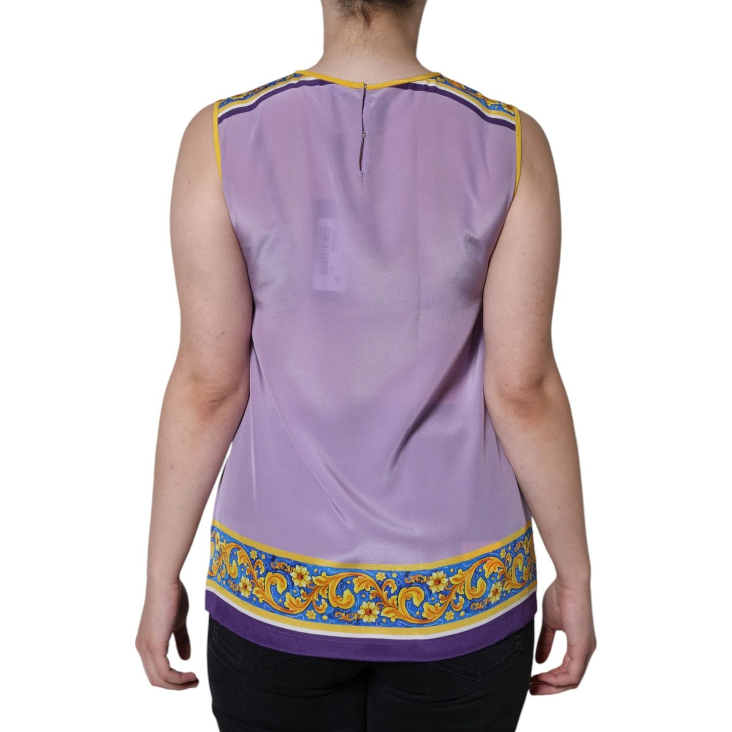 Back view of Dolce & Gabbana purple silk tank top with Caponata Siciliana print, featuring a sleeveless design and exclusive craftsmanship.