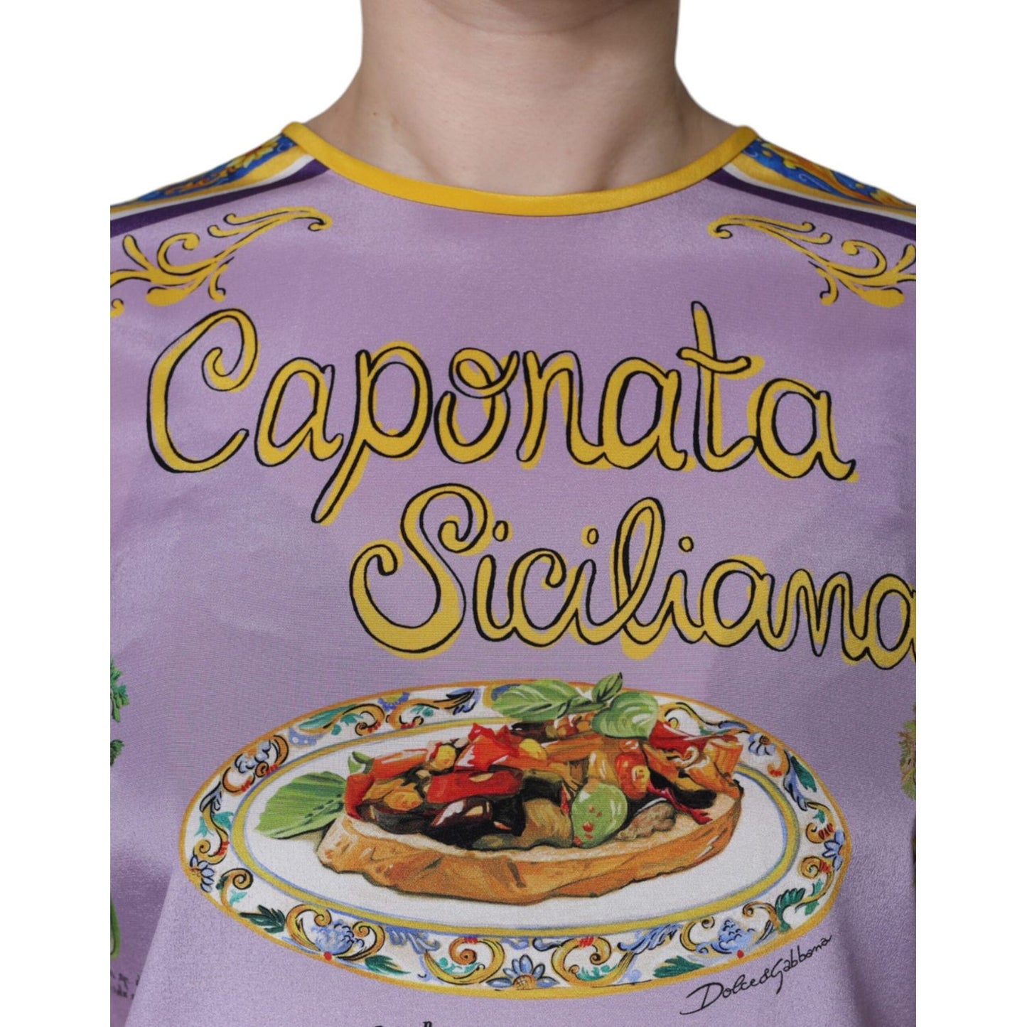 Dolce & Gabbana purple silk tank top with Caponata Siciliana print, showcasing vibrant food illustration and logo details.